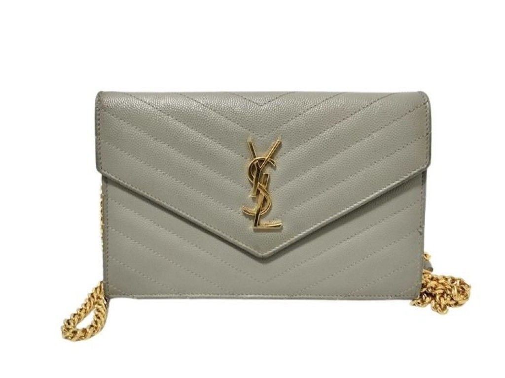 Saint Laurent Yves Chain Wallet Cassandra Gray Leather Stitch Gold
