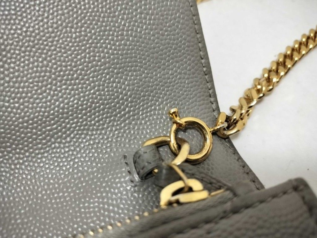 Saint Laurent Yves Chain Wallet Cassandra Gray Leather Stitch Gold — view 5