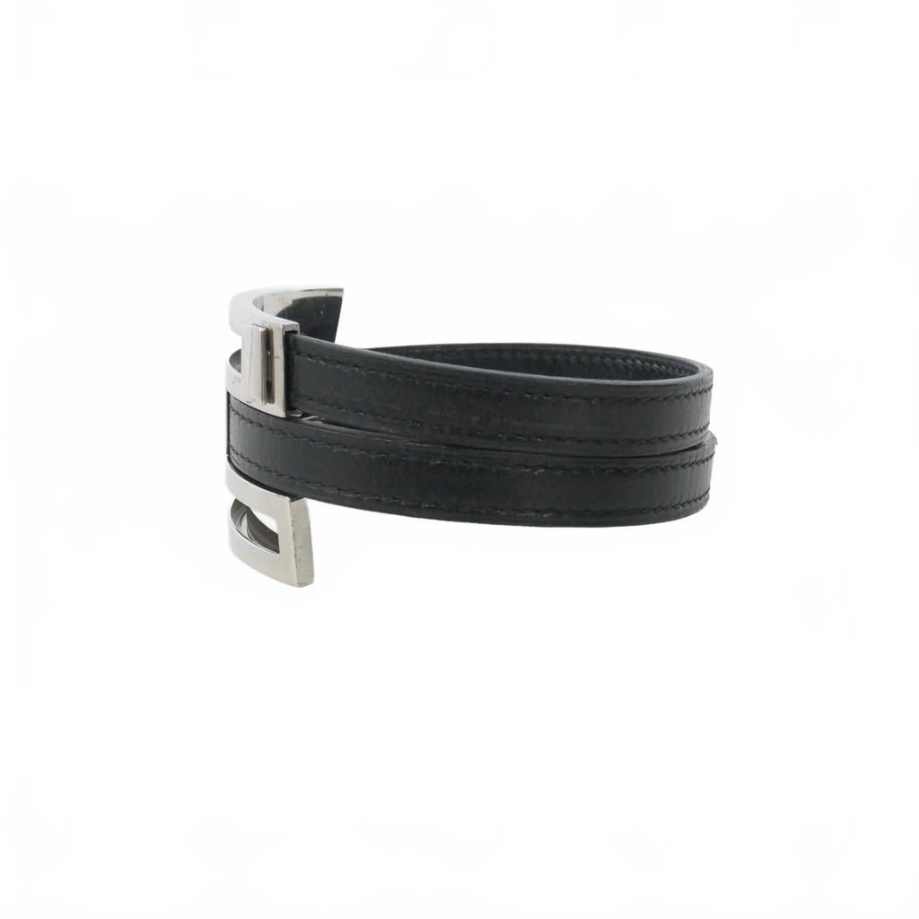 Hermes Leather Bangle Bracelet Black Silver — view 2