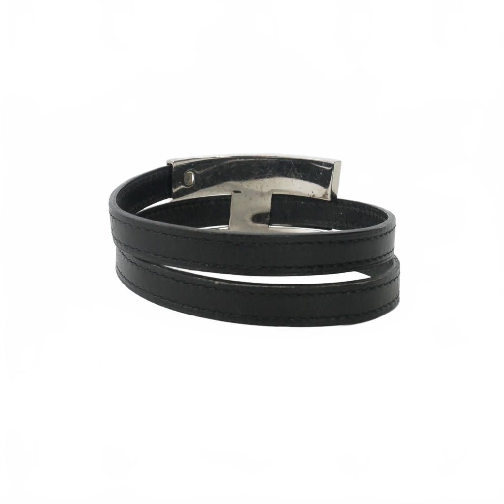 Hermes Leather Bangle Bracelet Black Silver — view 3