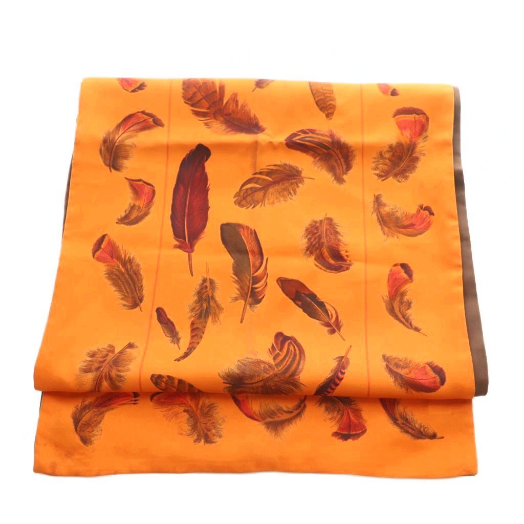 Hermes Reversible Scarf Lightweight Silk Feather Pattern Orange Brown — view 2