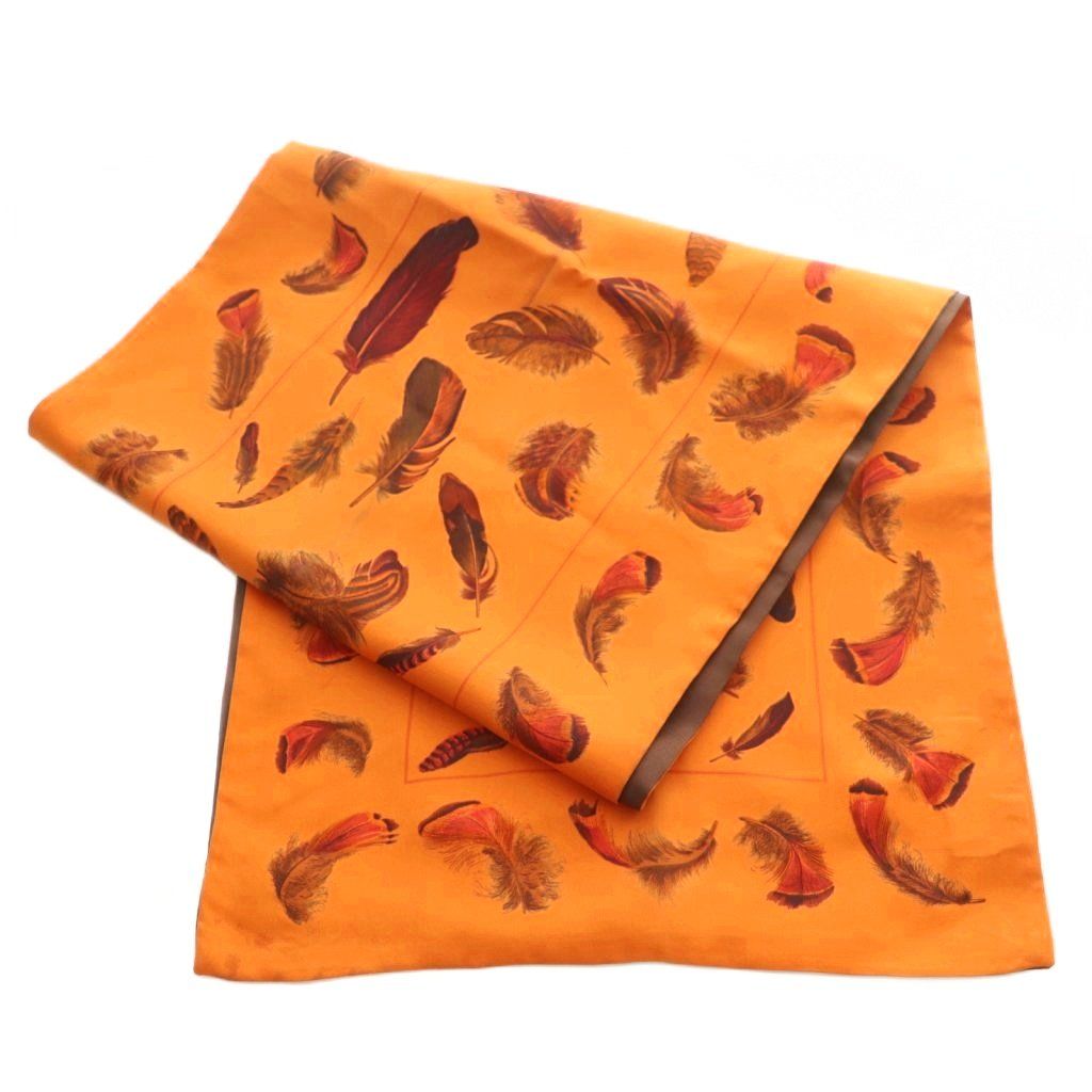 Hermes Reversible Scarf Lightweight Silk Feather Pattern Orange Brown — view 3