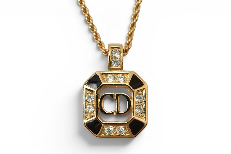 Dior Necklace Choka Vintage Rhinestone CD Logo Gold Black