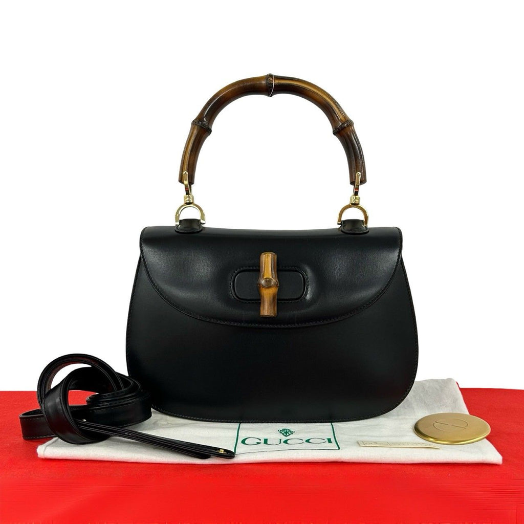 Gucci Vintage Bamboo Leather 2-Way Shoulder Bag Black