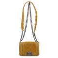 Chanel Quilted CC Logo Chain Shoulder Bag Pochette Velvet Leather Yellow Silver