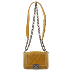Chanel Quilted CC Logo Chain Shoulder Bag Pochette Velvet Leather Yellow Silver