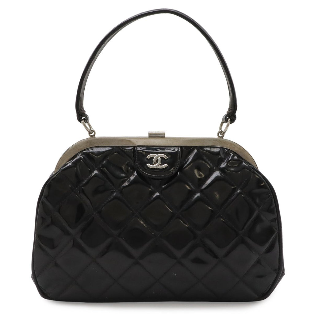 Chanel Quilted CC Logo Handbag One Handle Kiss Lock Enamel Black Silver