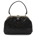 Chanel Quilted CC Logo Handbag One Handle Kiss Lock Enamel Black Silver