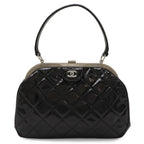 Chanel Quilted CC Logo Handbag One Handle Kiss Lock Enamel Black Silver