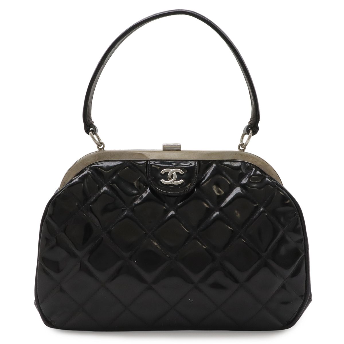 Chanel Quilted CC Logo Handbag One Handle Kiss Lock Enamel Black Silver