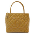 Chanel Quilted CC Logo Medallion Tote Shoulder Bag Enamel Patent Leather Yellow