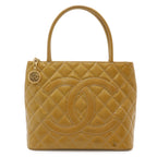 Chanel Quilted CC Logo Medallion Tote Shoulder Bag Enamel Patent Leather Yellow