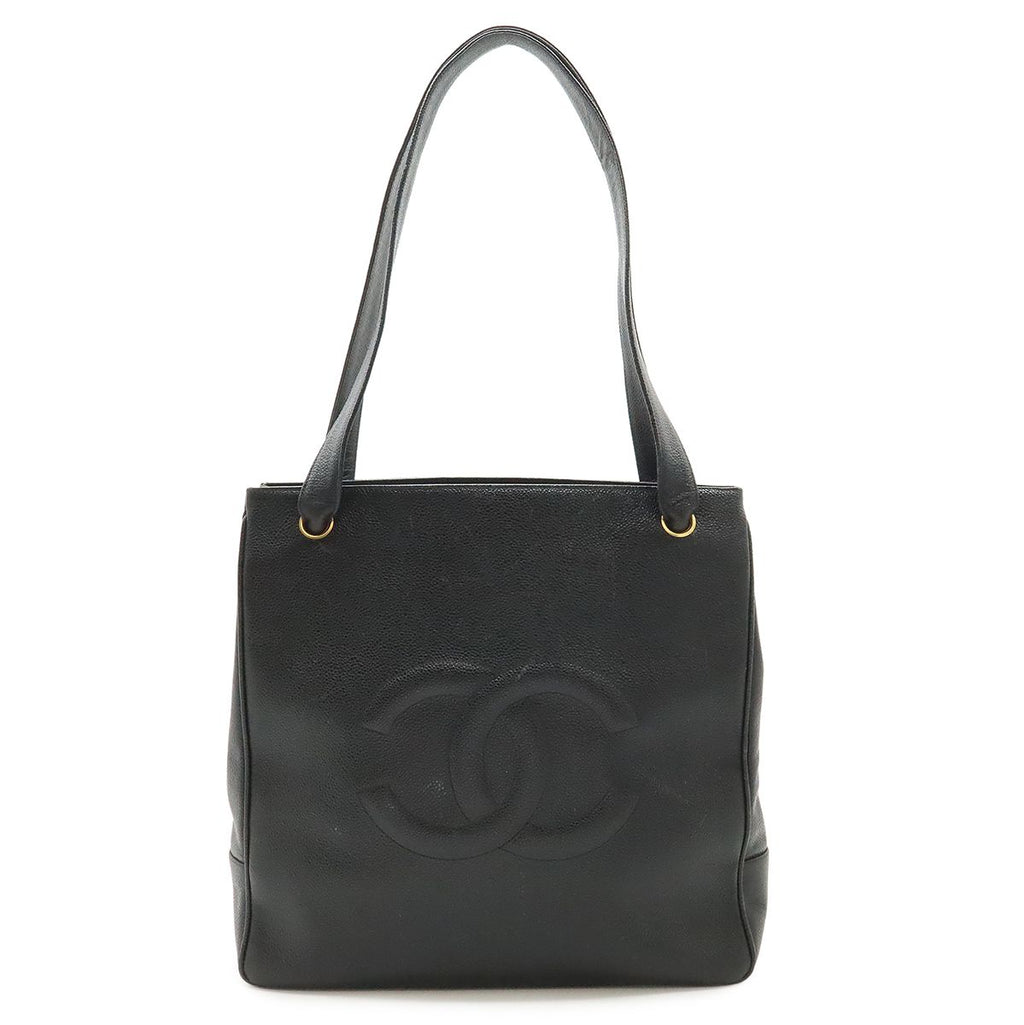 Chanel CC Logo Tote Shoulder Bag Caviar Leather Black Gold