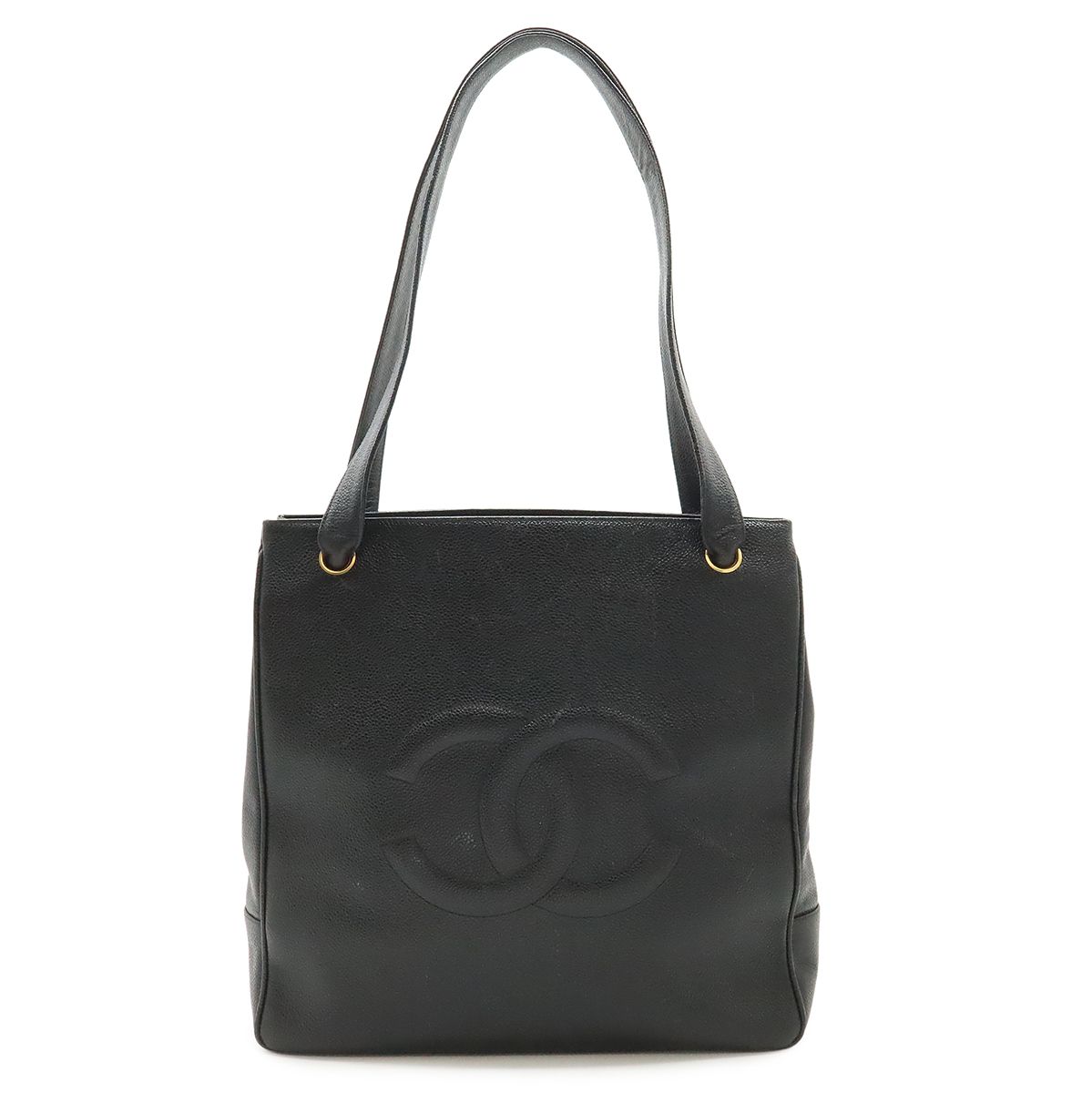 Chanel CC Logo Tote Shoulder Bag Caviar Leather Black Gold
