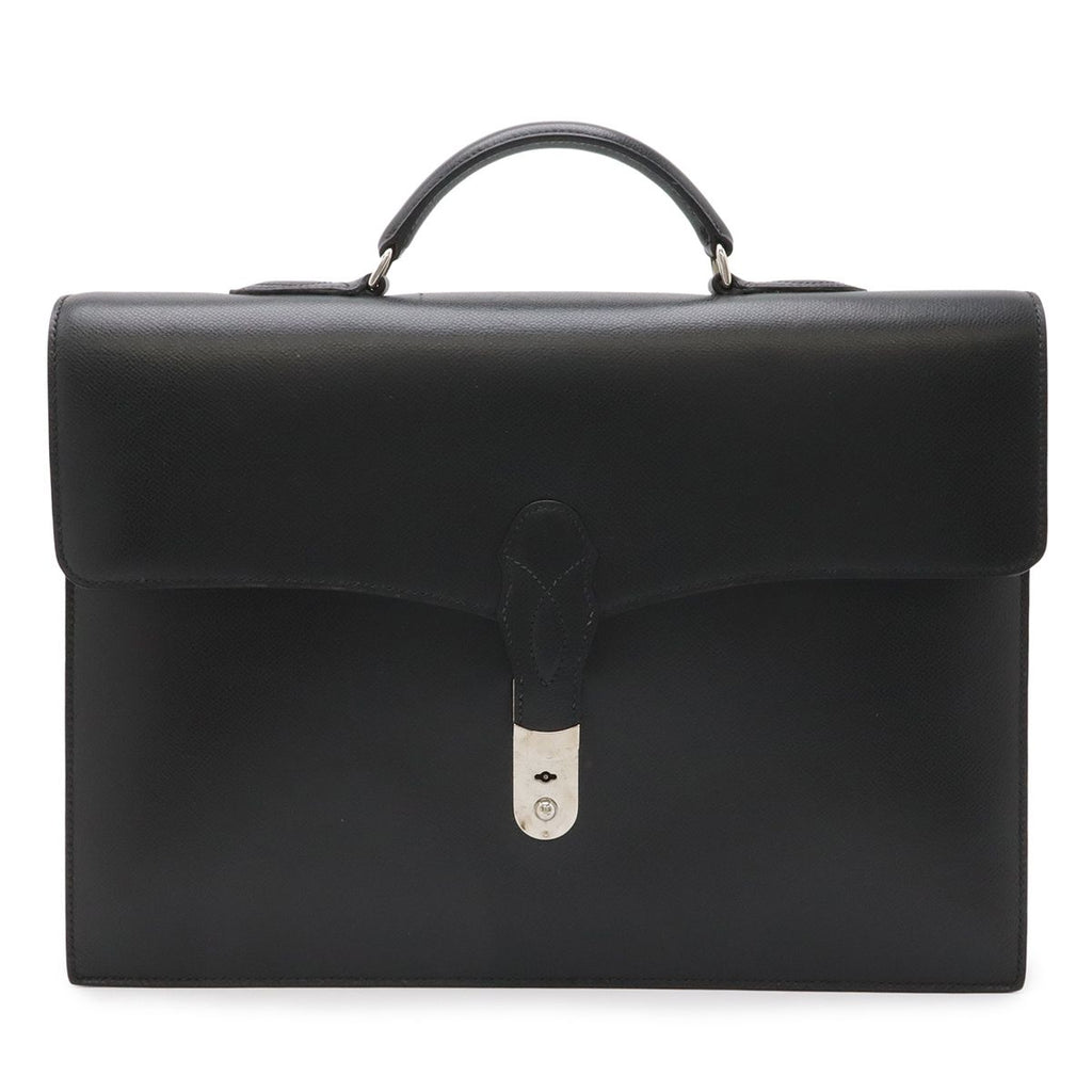 Hermes Terrill Business Briefcase Document Purse Leather Black Silver
