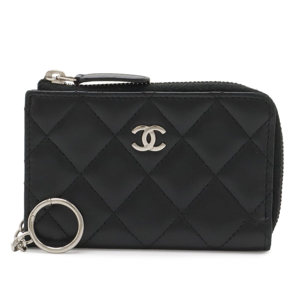 Chanel Quilted CC Logo Coin Purse L-shaped Zipper Lamb Black Silver Key Ring