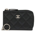 Chanel Quilted CC Logo Coin Purse L-shaped Zipper Lamb Black Silver Key Ring