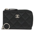 Chanel Quilted CC Logo Coin Purse L-shaped Zipper Lamb Black Silver Key Ring