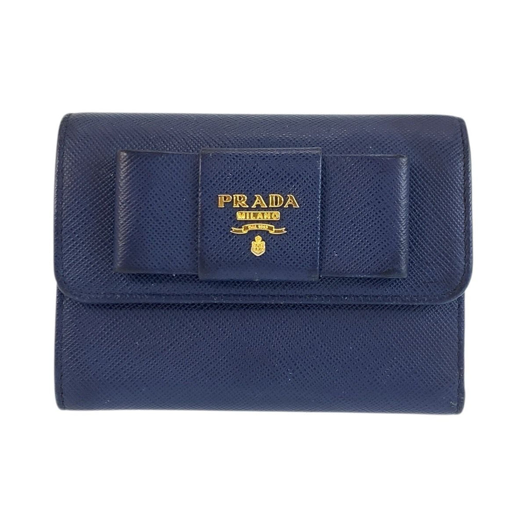 Prada Saffiano Fiocco Ribbon Navy Gold Leather Fold Wallet Compact