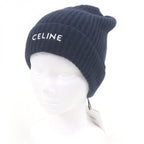 Celine Cashmere Logo Embroidery Beanie Knit Cap Navy Hat
