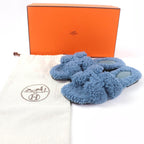 Hermes Oran Shearling Leather Mules Flat Sandals Blue — view 2