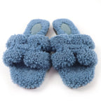 Hermes Oran Shearling Leather Mules Flat Sandals Blue — view 4