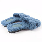 Hermes Oran Shearling Leather Mules Flat Sandals Blue — view 3