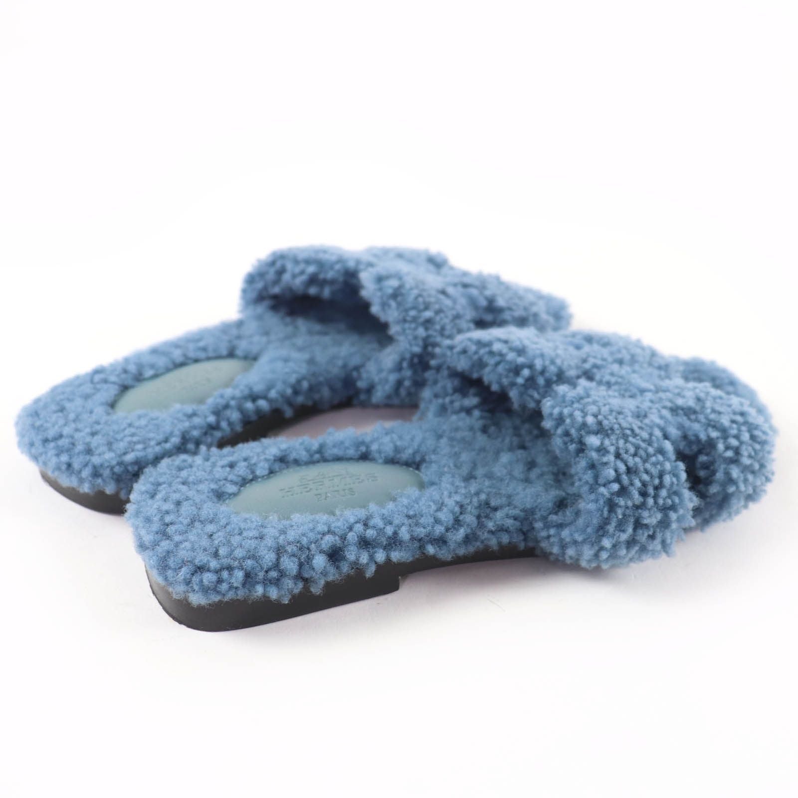 Hermes Oran Shearling Leather Mules Flat Sandals Blue — view 3