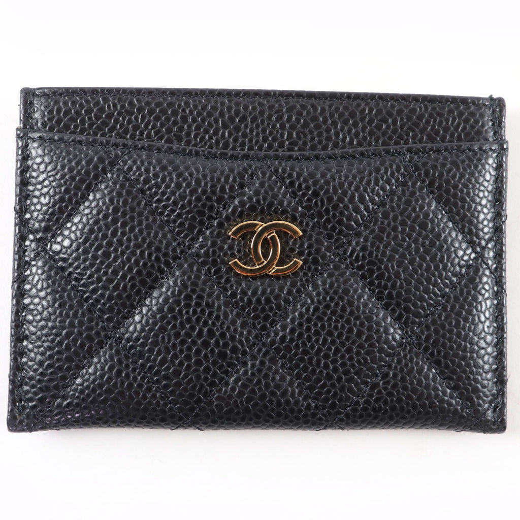 Chanel Caviar Leather CC Logo Quilted Card Case Black Gold