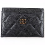 Chanel Caviar Leather CC Logo Quilted Card Case Black Gold