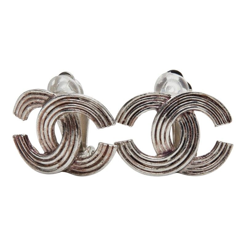 Chanel CC Logo Earrings Silver Metal