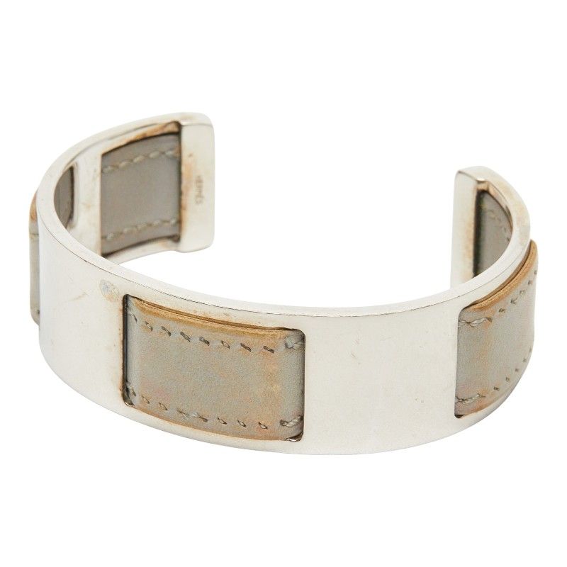 Hermes Bangle Silver Gray Metal Leather Bracelet