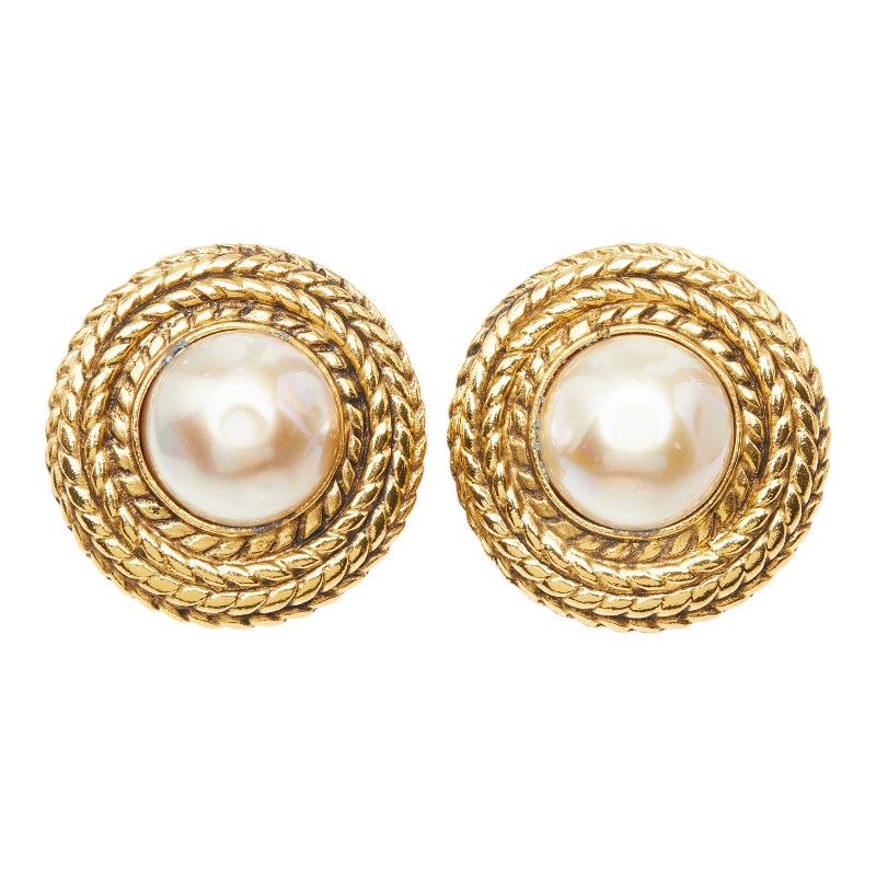 Chanel Round Earrings Gold Faux Pearl Plated — view 2