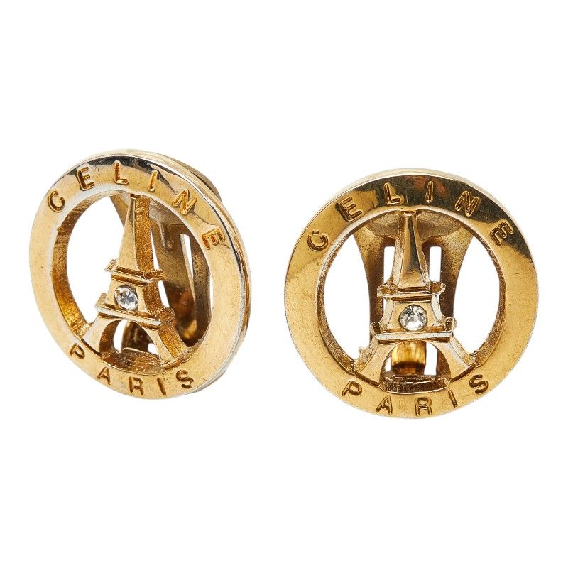 Celine Eiffel Tower Motif Round Earrings Gold Plated Rhinestone