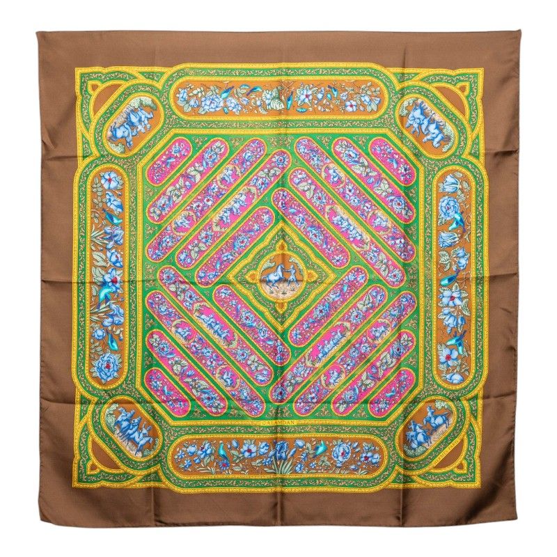 Hermes Carre 90 Qalamdan Scarf Brown Multicolor Silk