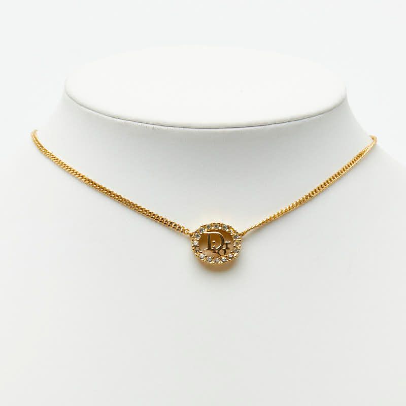 Dior CD Logo Vintage Pendant Chain Necklace Gold Plated Rhinestone — view 7