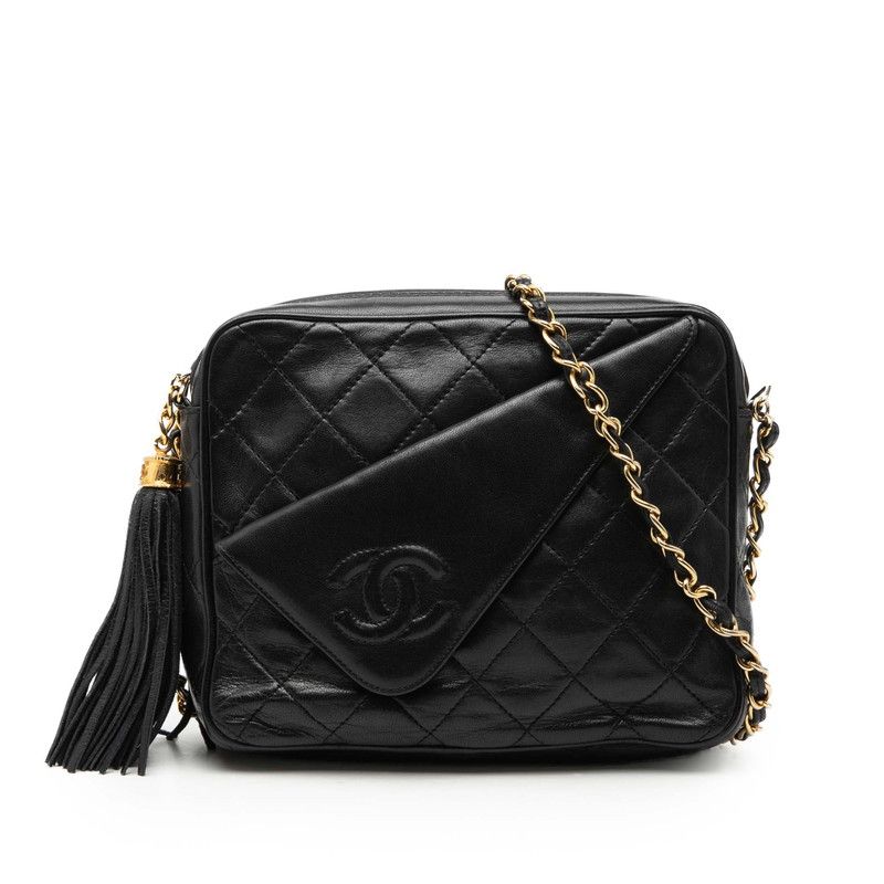Chanel CC Logo Quilted Tassel Chain Shoulder Bag Black Lambskin