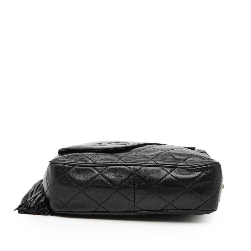 Chanel CC Logo Quilted Tassel Chain Shoulder Bag Black Lambskin — view 3