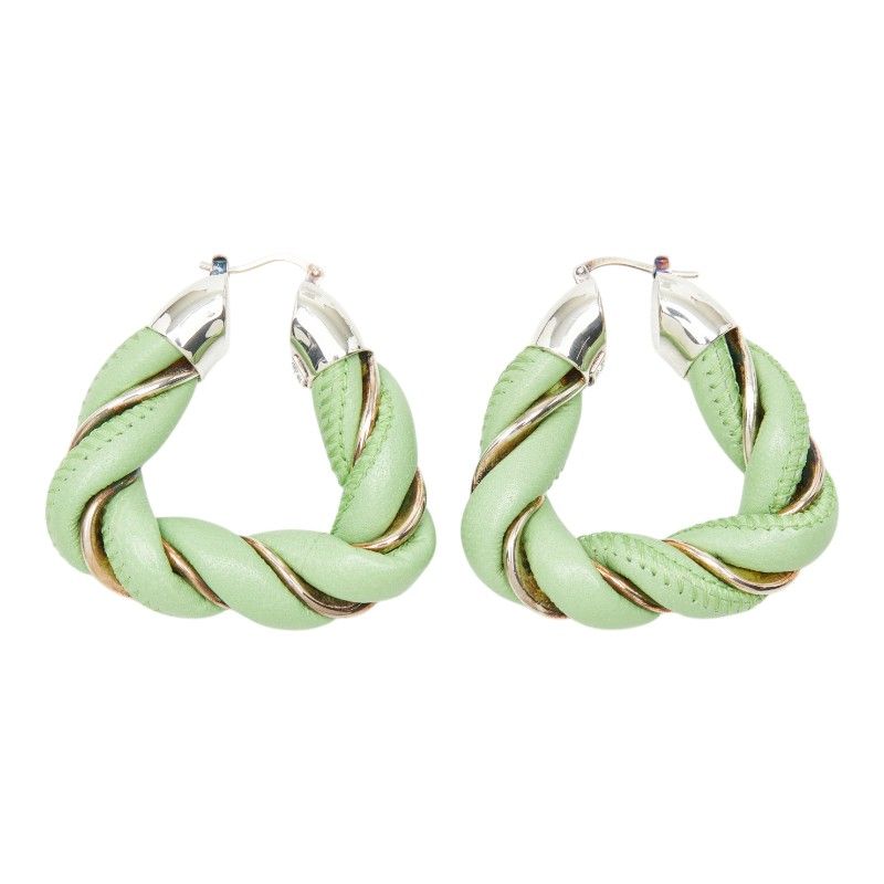Bottega Veneta Twist Hoop Earrings Green Leather Silver — view 2