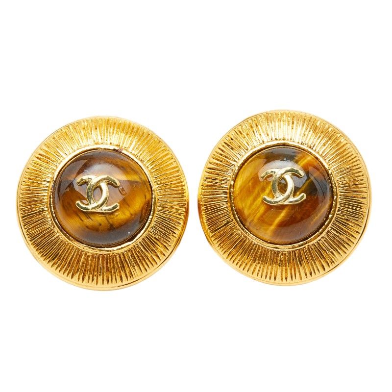 Chanel CC Logo Vintage Round Earrings Gold Yellow Rhinestone Plated — view 2