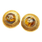 Chanel CC Logo Vintage Round Earrings Gold Yellow Rhinestone Plated