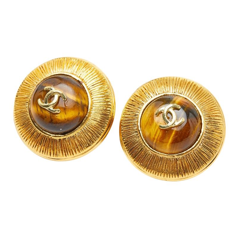 Chanel CC Logo Vintage Round Earrings Gold Yellow Rhinestone Plated