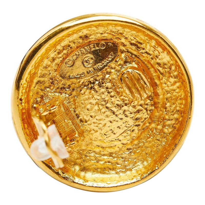 Chanel CC Logo Vintage Round Earrings Gold Yellow Rhinestone Plated — view 4