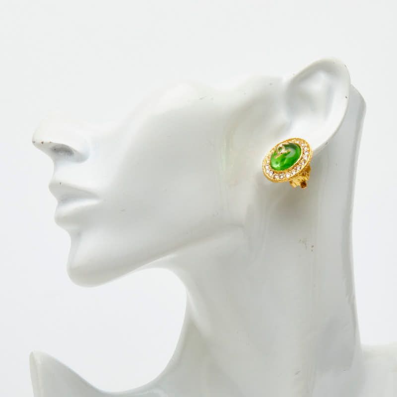 Chanel CC Logo Vintage Round Earrings Green Gold Rhinestone Plated — view 5