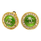 Chanel CC Logo Vintage Round Earrings Green Gold Rhinestone Plated