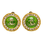 Chanel CC Logo Vintage Round Earrings Green Gold Rhinestone Plated — view 2