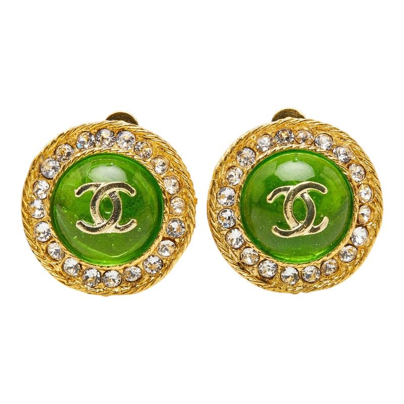 Chanel CC Logo Vintage Round Earrings Green Gold Rhinestone Plated — view 2