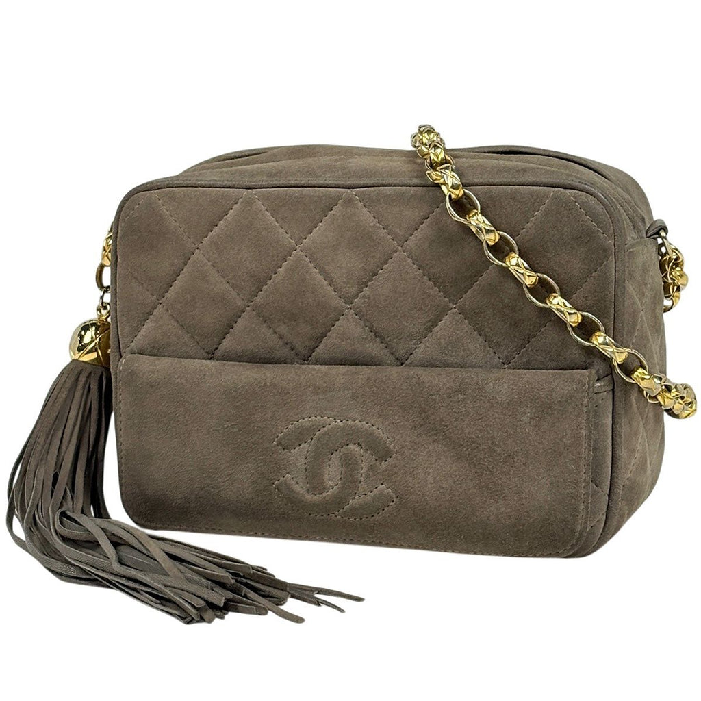 Chanel CC Logo Fringe Chain Shoulder Bag Quilted Tassel Suede Green Beige