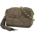 Chanel CC Logo Fringe Chain Shoulder Bag Quilted Tassel Suede Green Beige