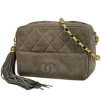 Chanel CC Logo Fringe Chain Shoulder Bag Quilted Tassel Suede Green Beige